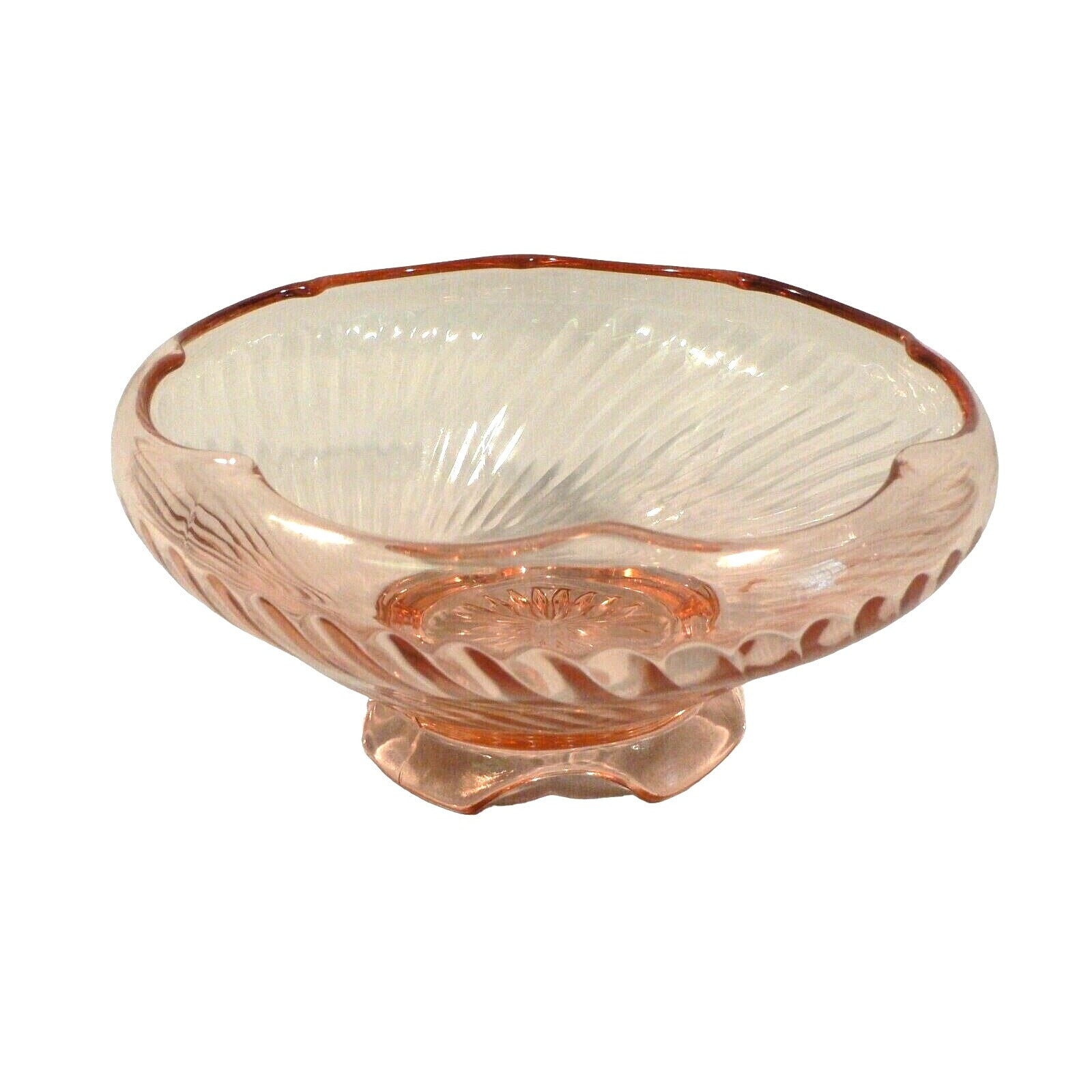 Fruit bowl serving dish ribbed swirl pink glass scalloped edge table decor