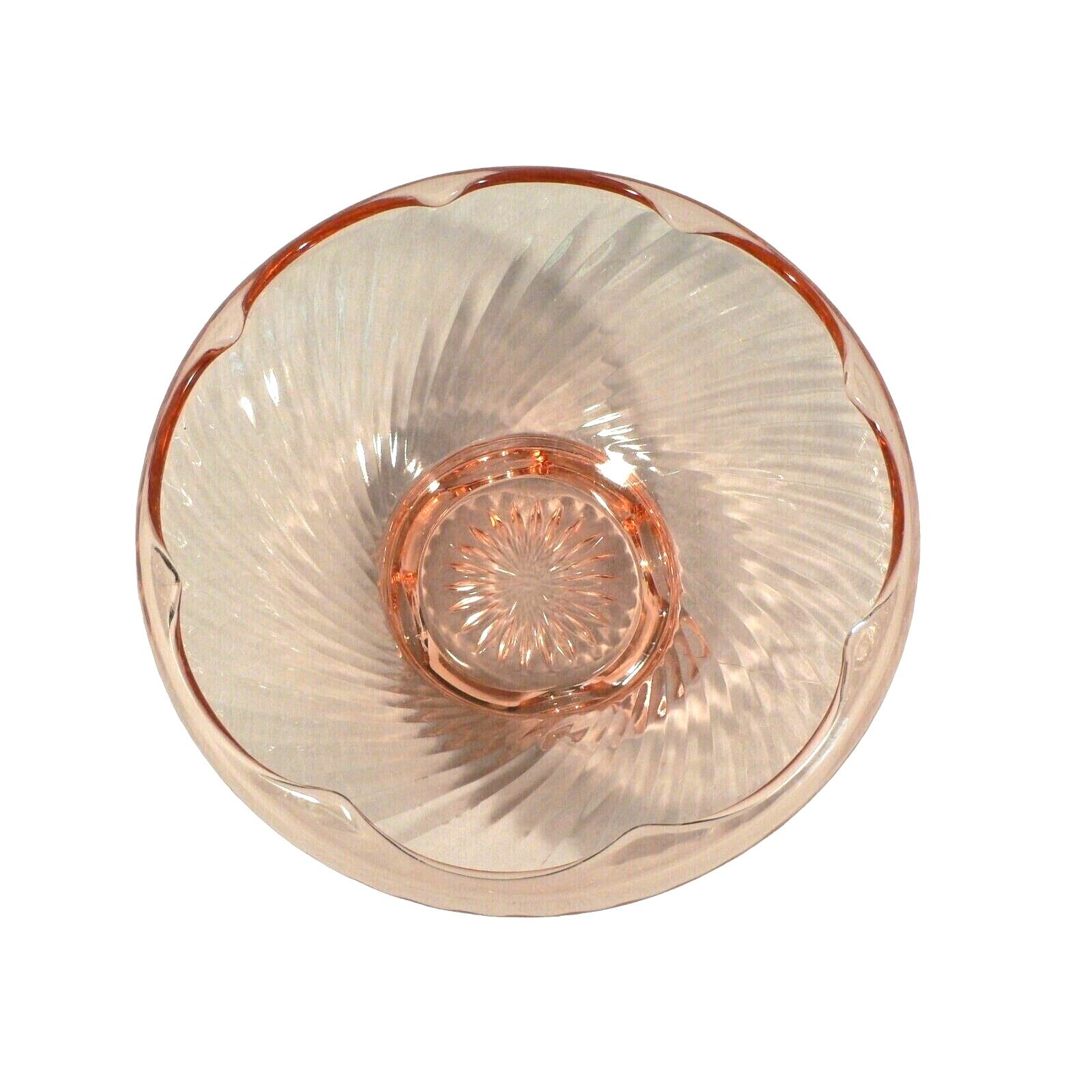 Fruit bowl serving dish ribbed swirl pink glass scalloped edge table decor