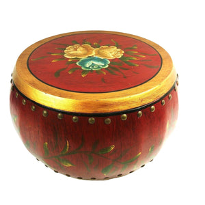 Wooden Storage Bin Basket Drum Shape Asian Painted Floral Lid