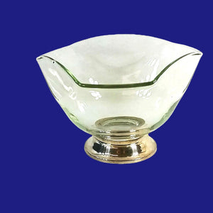 Art Glass Bowl Ruffled Edge Hexagon Panels Metal Base Collectible Vintage 10" W