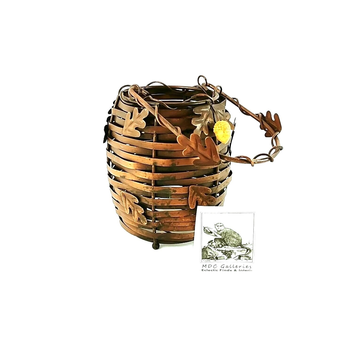 Candle Lantern Basket Metal Copper Toned Acorn Accents