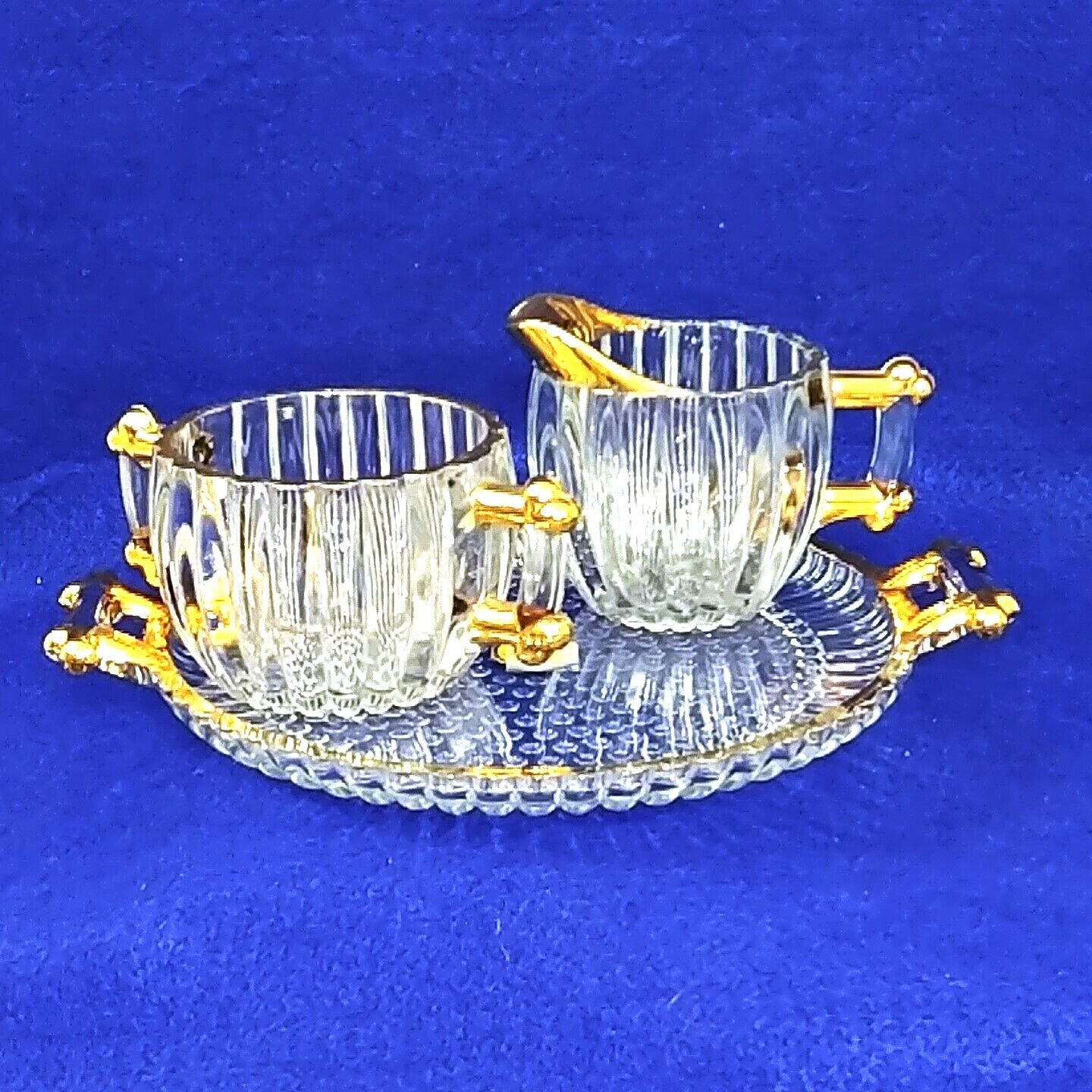 Creamer Sugar Set Jeanette Glass Co 24K Gold Decorated Hobnail Ribbed Vintage