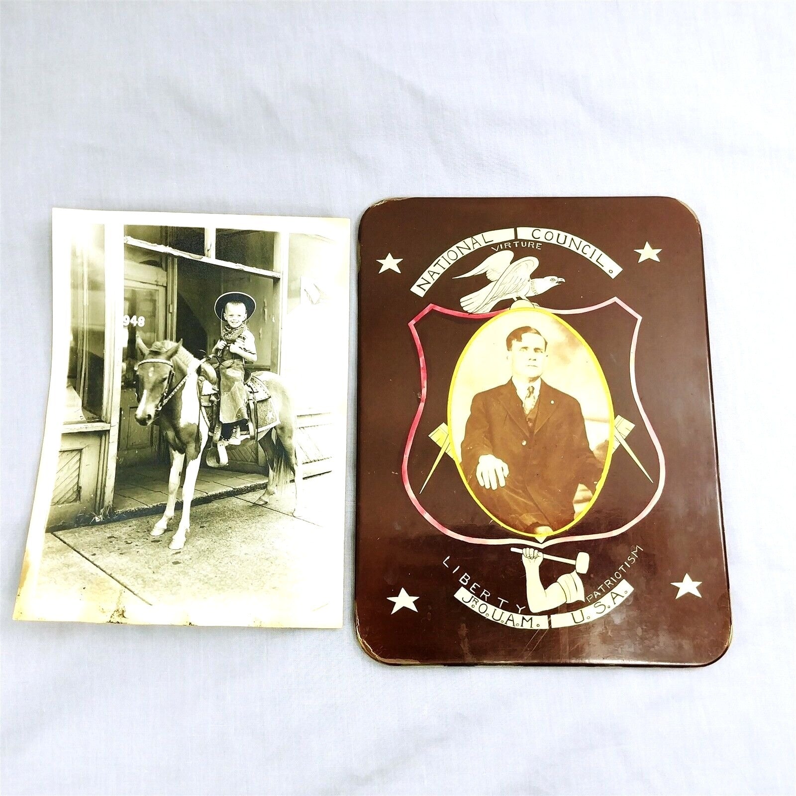 Early Twentieth Century Photos 1 Metal Mounted Masons Plaque 1 Boy on Pony 2pc