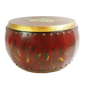 Wooden Storage Bin Basket Drum Shape Asian Painted Floral Lid