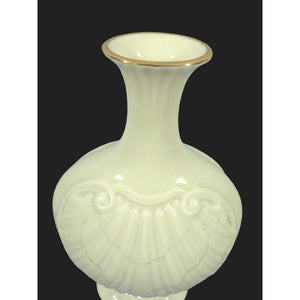 Lenox Bud Vase With Embossed Clam Shell Design & Gold Rim Hallmark Stamped Beige