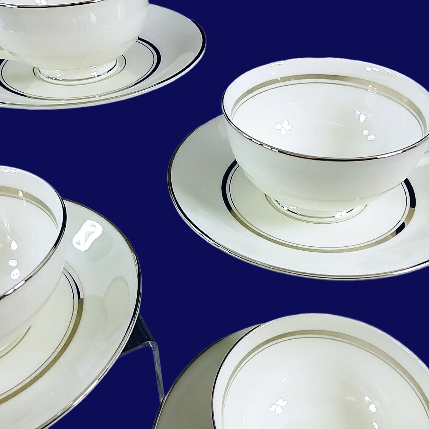 Cup Saucer Set Imperial Fukagawa Porcelain China Silver Trim 4 Cups 4 Saucers