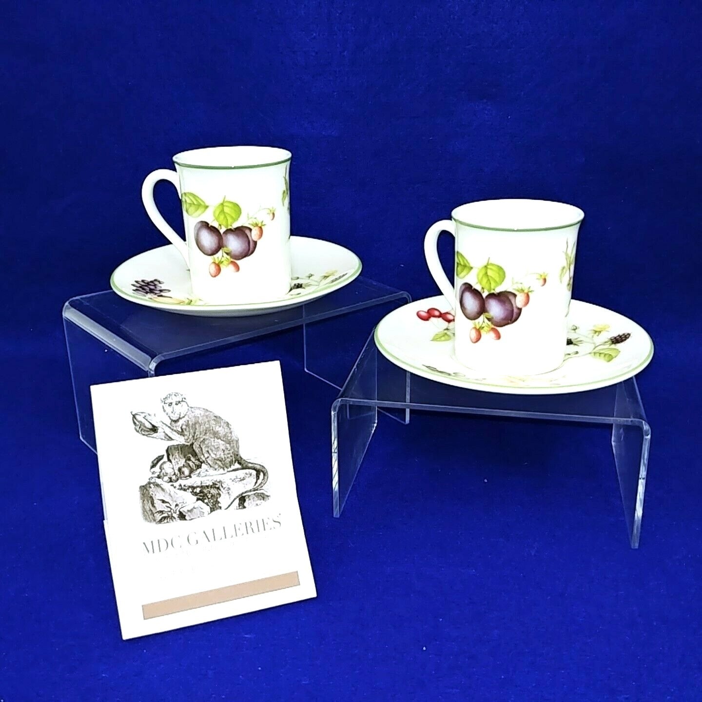 Demitasse Cups Saucers Set of 2 Fruits Florals Made in England Green Rim Vintage