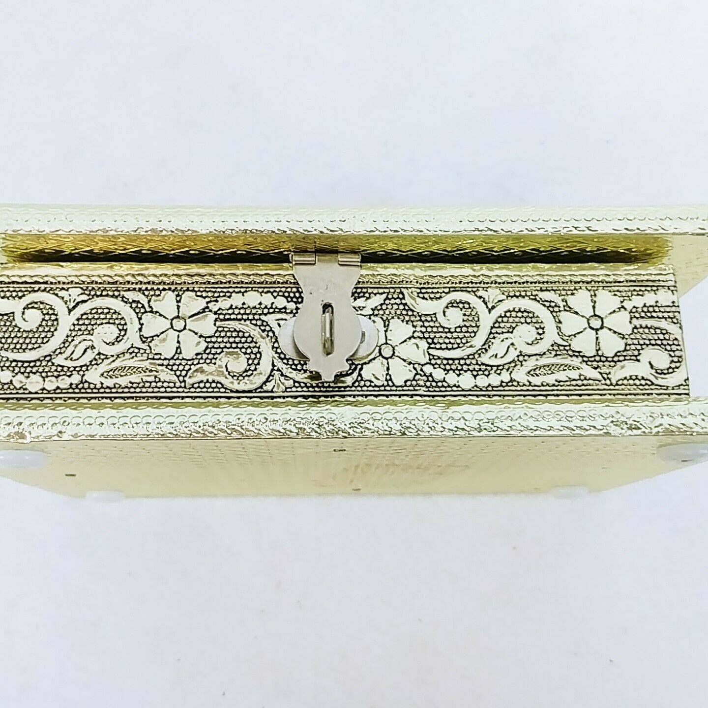 Storage Trinket Vanity Valet Box Metal Exterior Closure Hinges Embossed Floral Applique