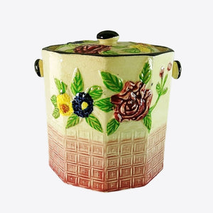 Canister with Lid Raised Floral Geometric Design Decagon Shape Ceramic Vintage