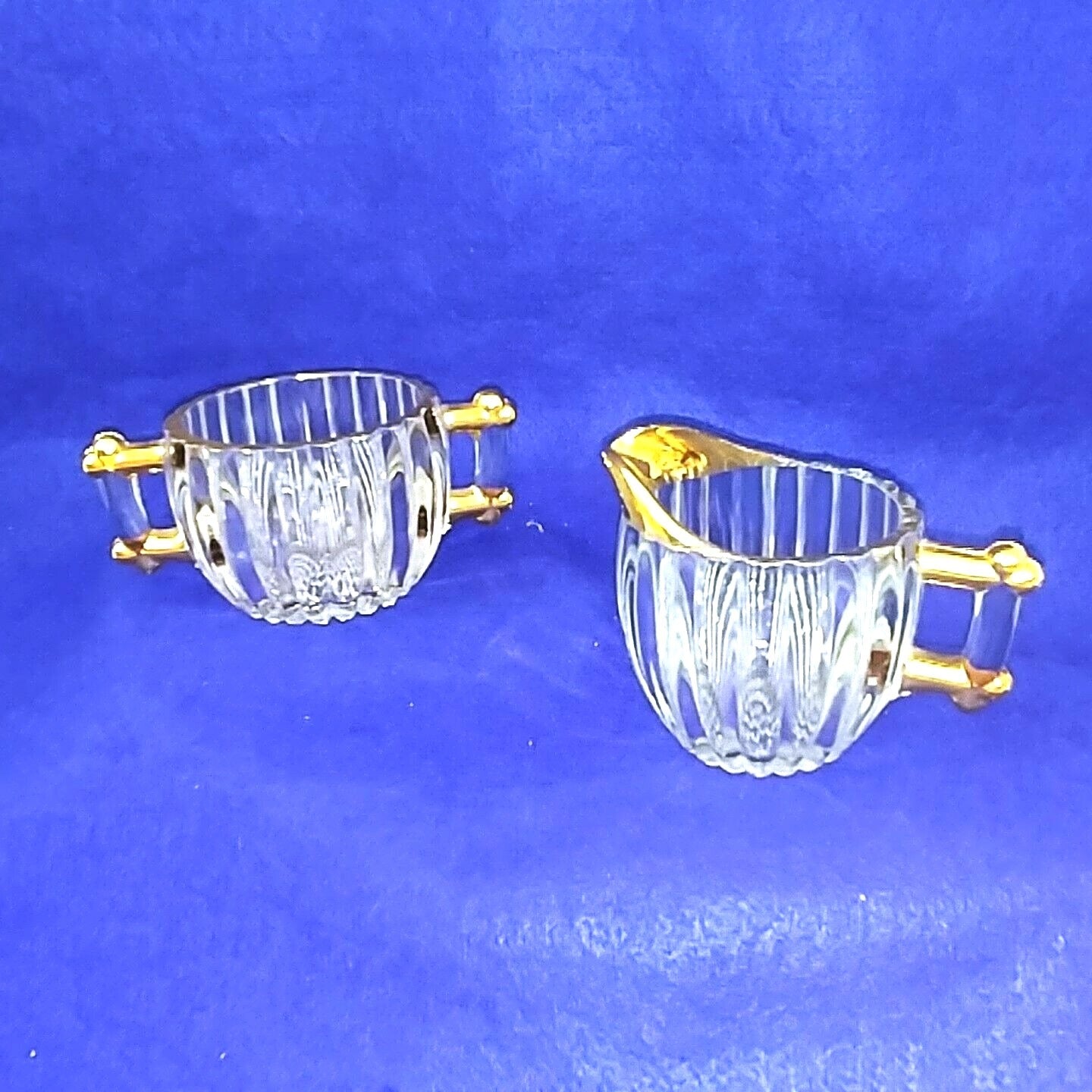 Creamer Sugar Set Jeanette Glass Co 24K Gold Decorated Hobnail Ribbed Vintage