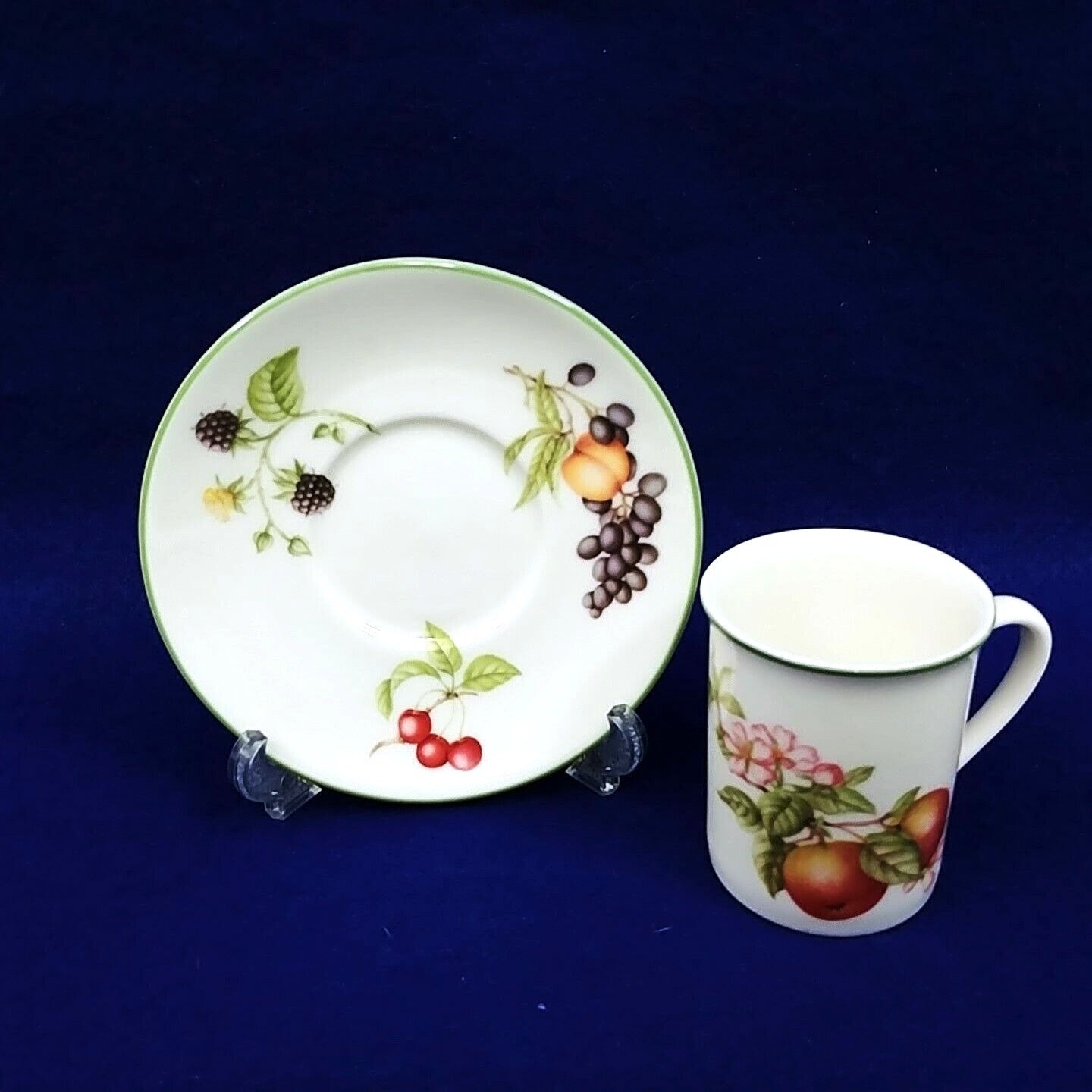 Demitasse Cups Saucers Set of 2 Fruits Florals Made in England Green Rim Vintage