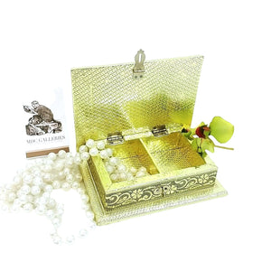 Storage Trinket Vanity Valet Box Metal Exterior Closure Hinges Embossed Floral Applique