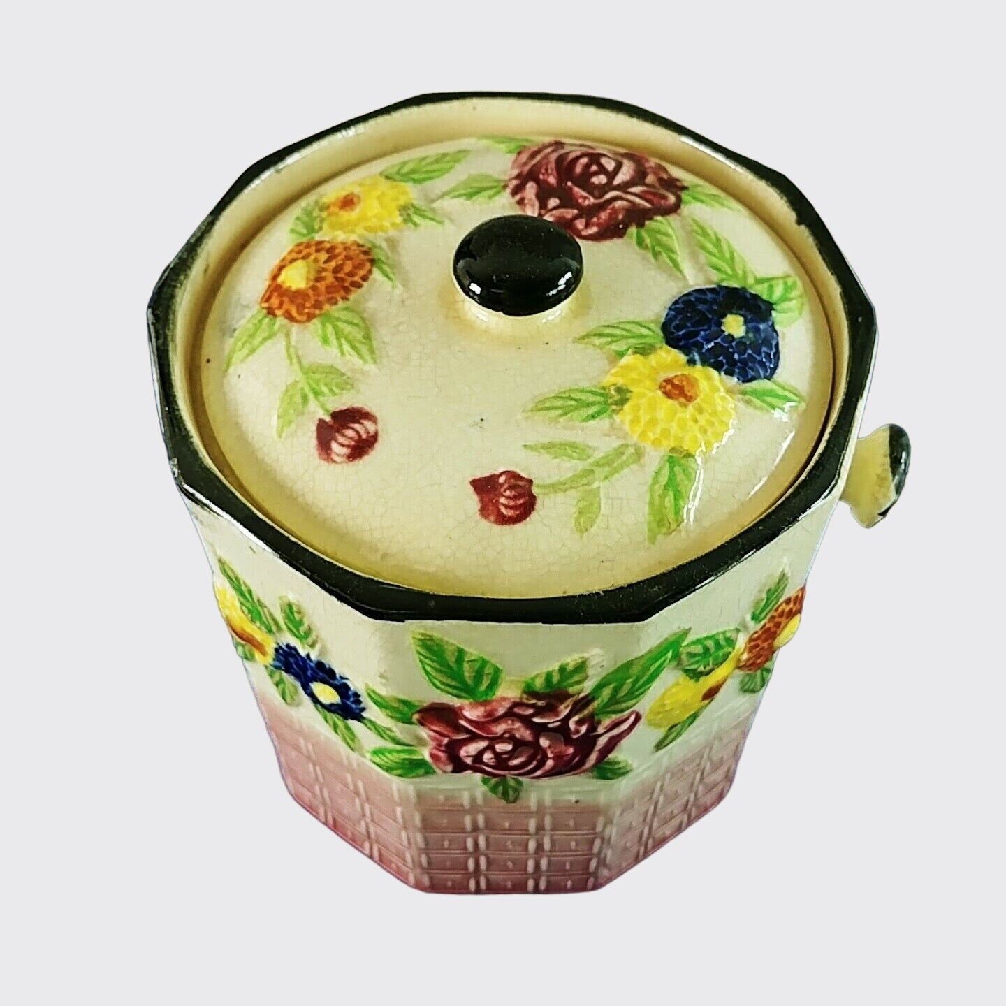 Canister with Lid Raised Floral Geometric Design Decagon Shape Ceramic Vintage