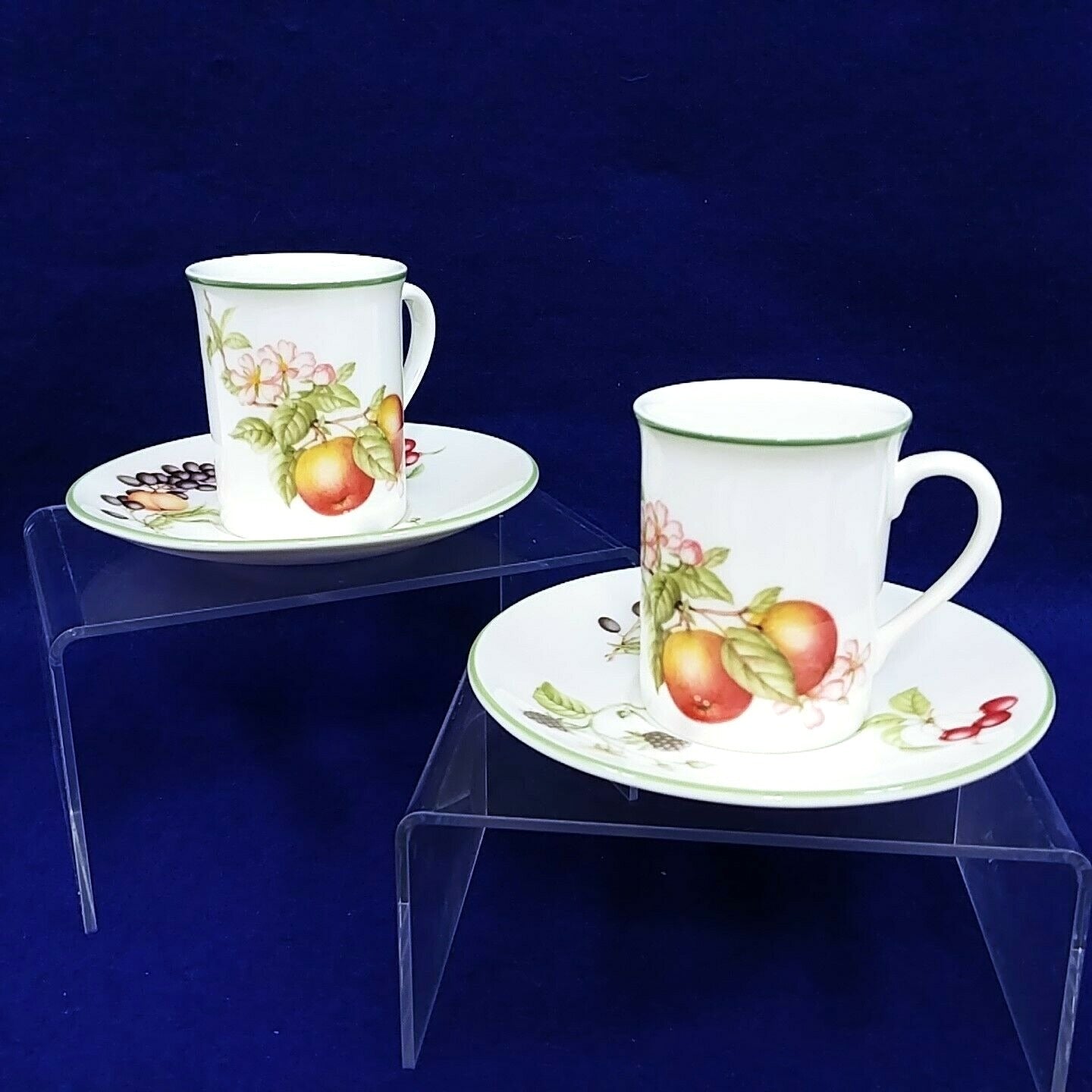 Demitasse Cups Saucers Set of 2 Fruits Florals Made in England Green Rim Vintage