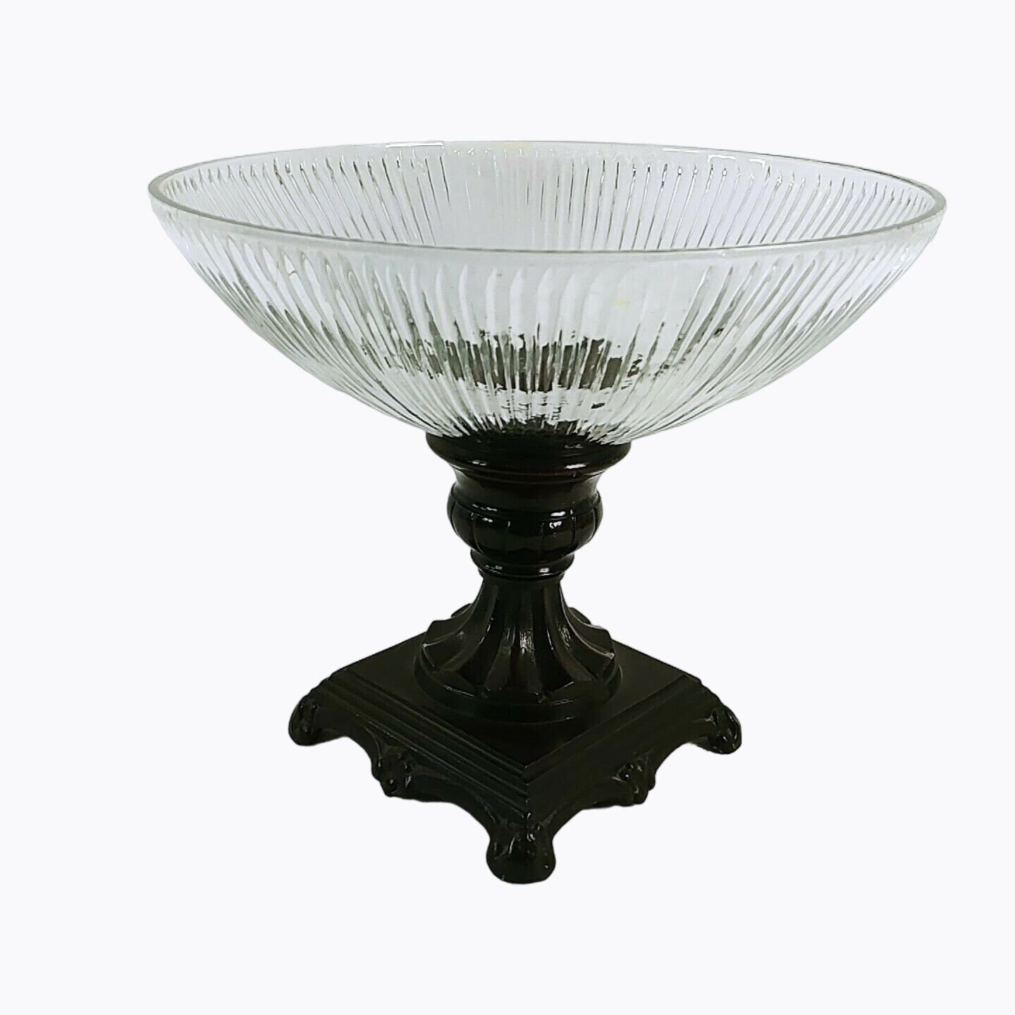 Compote Pedestal Bowl on Ornate Metal Base Table Centerpiece Vintage Decor