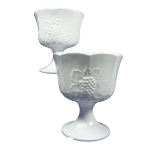 Compote Goblet White Milk Glass Pedestal Set Grapes & Leaves Design 2 pcs