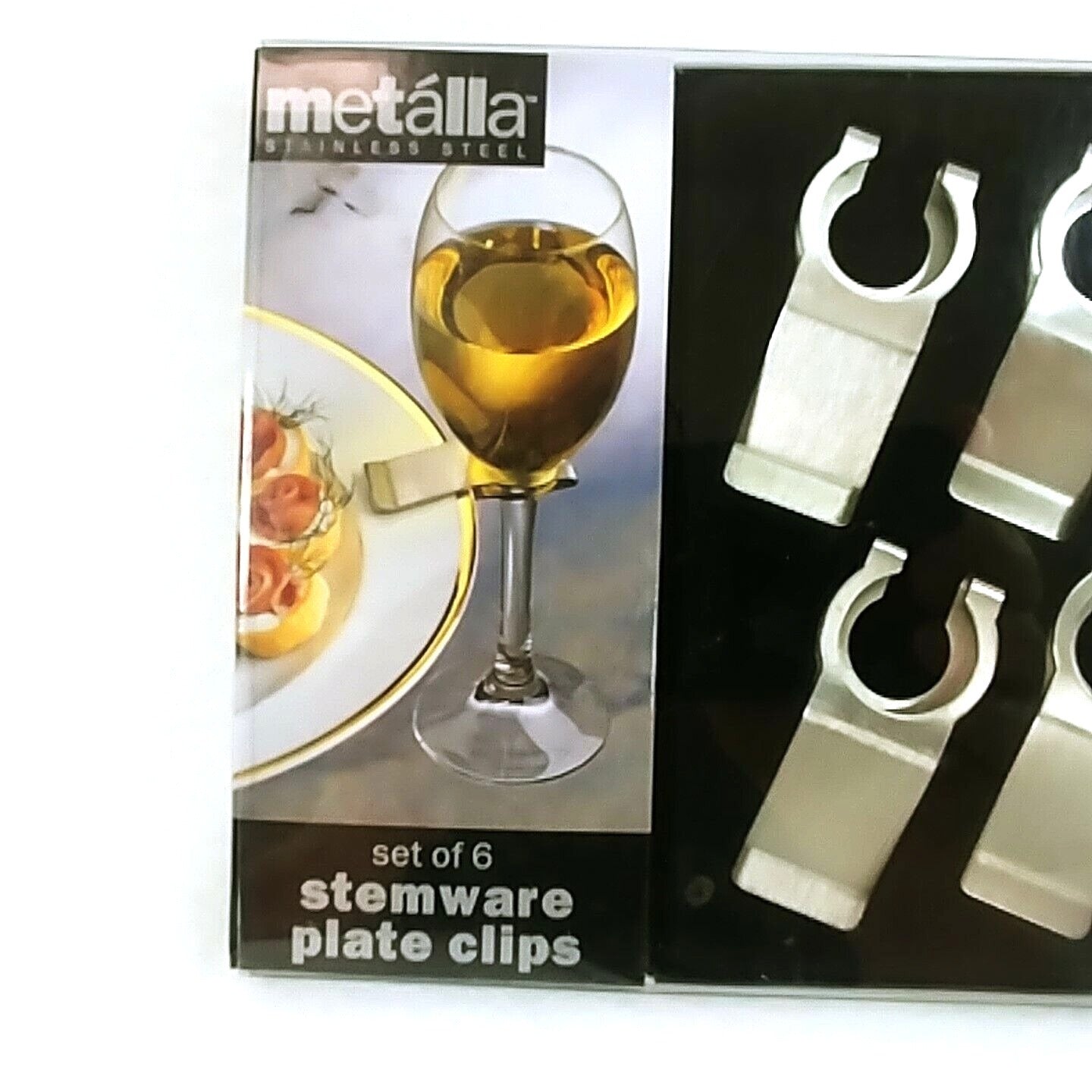 Stemware Plate Clips Set of 6 Original Box Metalla Stainless Steel Partyware