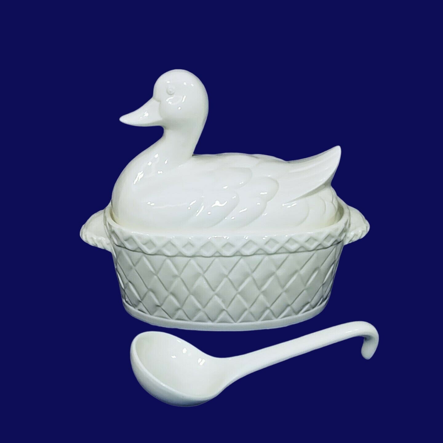 Soup Tureen White Ceramic Duck With Serving Ladle Basket Weave Bottom Vintage