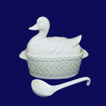 Load image into Gallery viewer, Soup Tureen White Ceramic Duck With Serving Ladle Basket Weave Bottom Vintage
