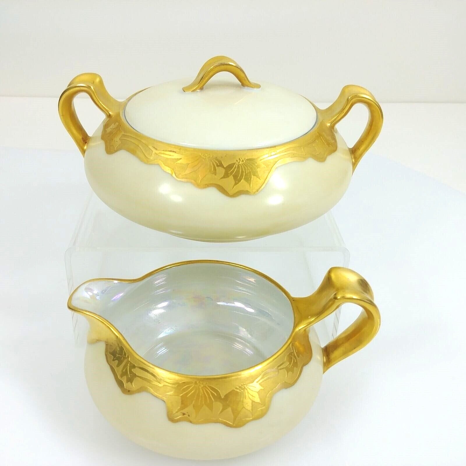 Creamer Sugar Bowl Haviland Limoges Circa 1880's 24K Acid Etched Gold Rimmed