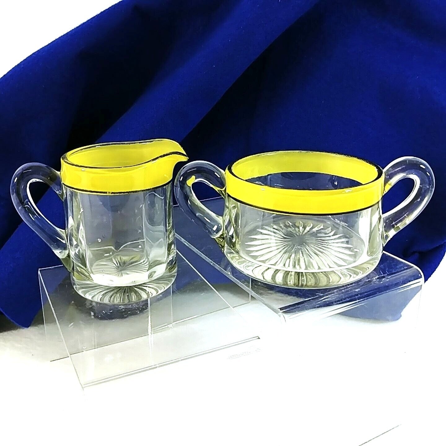 Creamer Sugar Bowl Set Dbl Handle Mid-Century Modern Glass Sunburst Bottom 2 pc