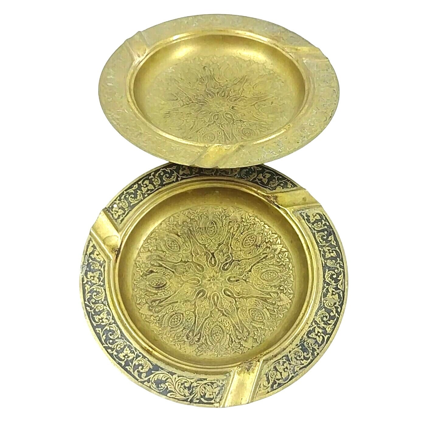 Brass Ashtrays with Tooled Embossed Raised Relief Floral Pattern Vintage