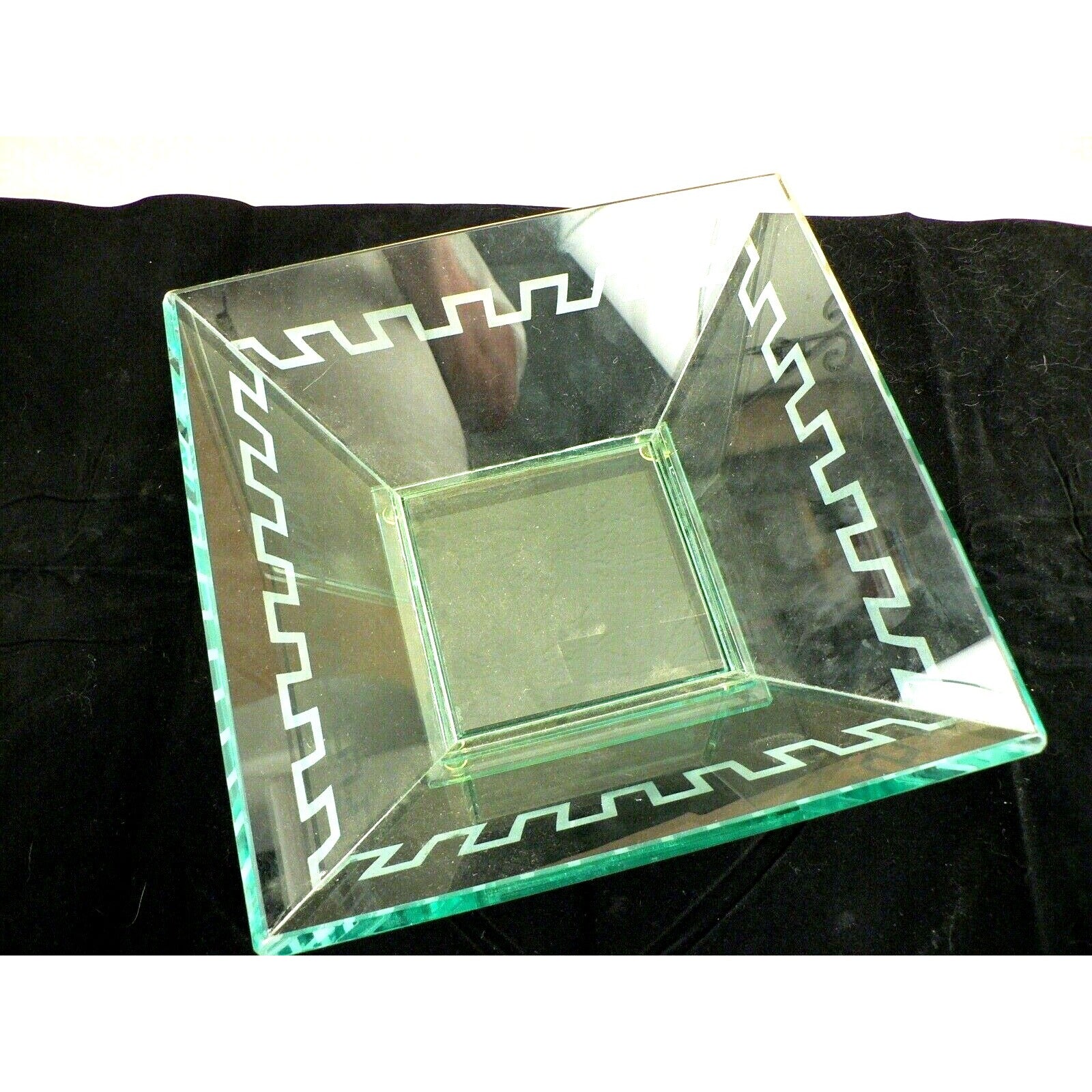 Bowl Glass Square Studio Silversmiths Etched Roman Design Border Green