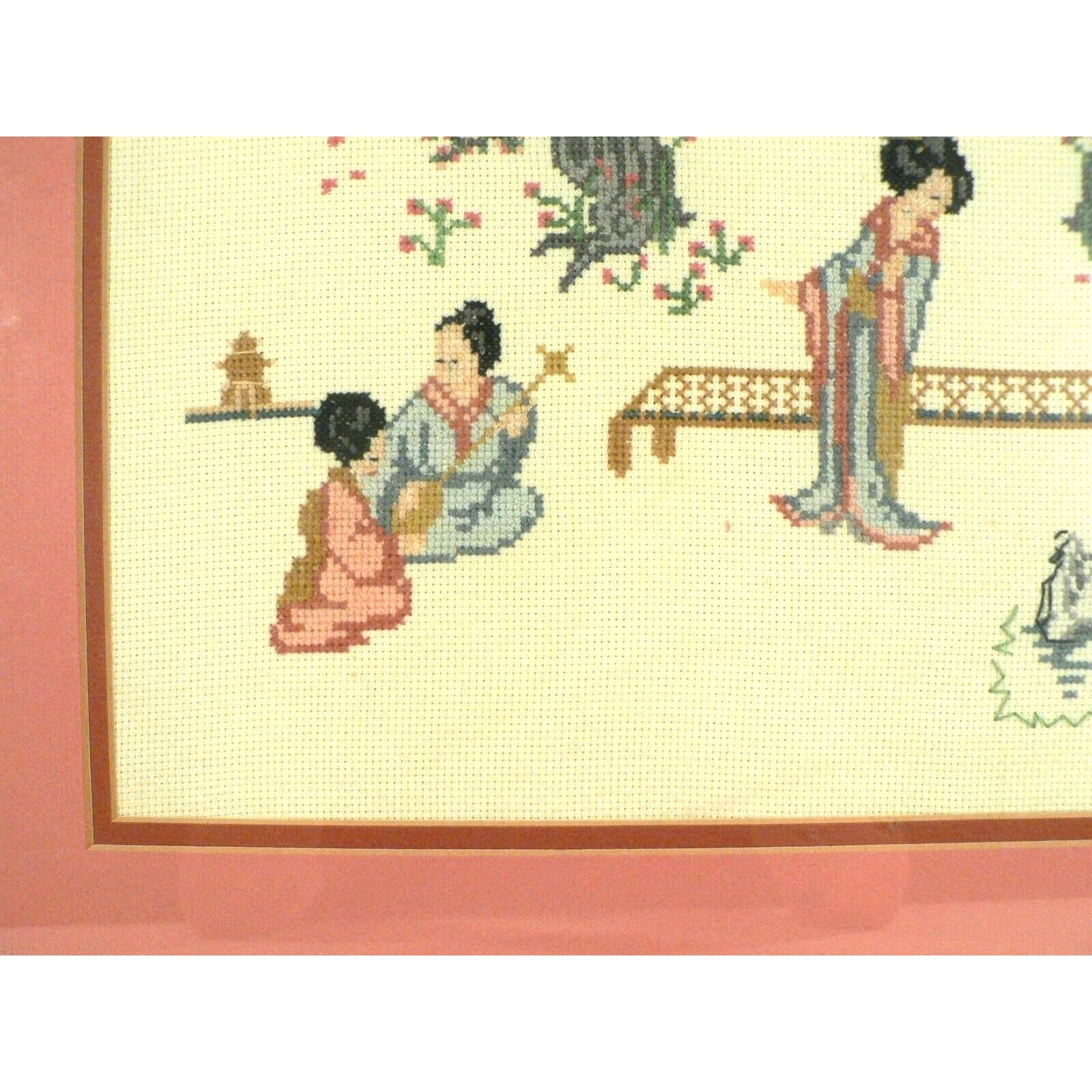 Japanese Geisha Garden Scene Vintage Cross Stitch Matted Framed Signed  Art