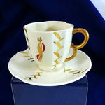 Load image into Gallery viewer, Demitasse Tea Cup and Saucer Rose Crown China Co Pasadena CA, Vintage Gold Red
