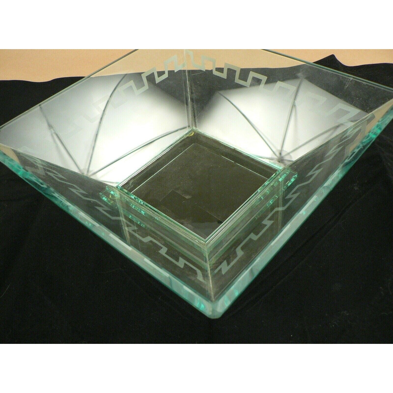 Bowl Glass Square Studio Silversmiths Etched Roman Design Border Green