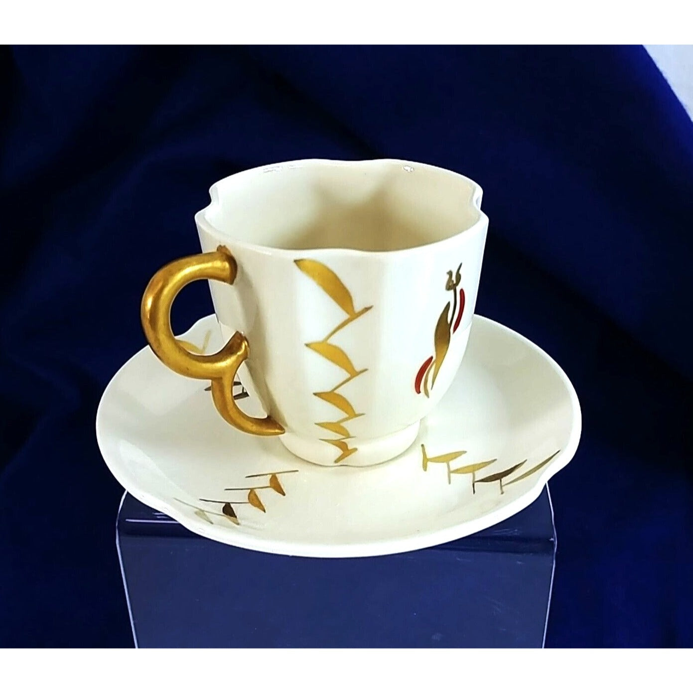 Demitasse Tea Cup and Saucer Rose Crown China Co Pasadena CA, Vintage Gold Red