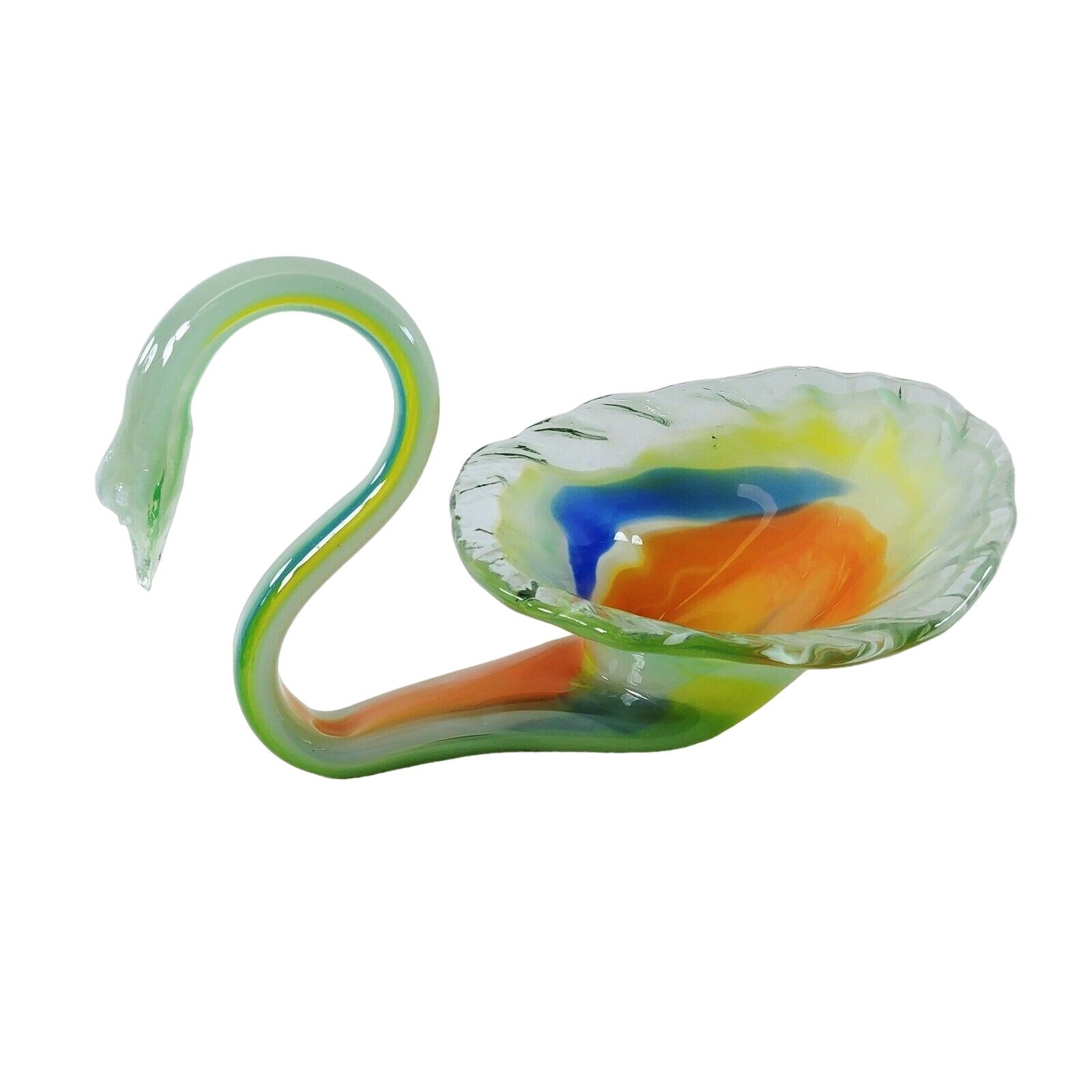 Art Glass Swan Hand Blown Bowl Floral Candy Dish Centerpiece Artisan Made