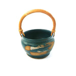 Load image into Gallery viewer, Pottery Basket Planter Storage Artisan Signed on Bottom Green with Bamboo Handle
