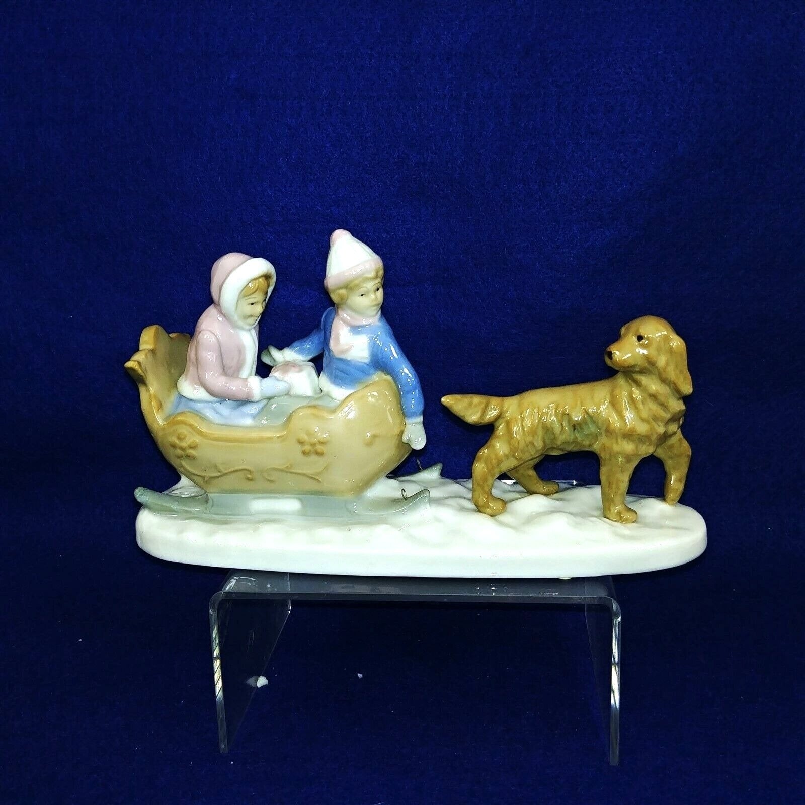 Meico Inc Figurine Collectible Porcelain Dog Pulling Sled with Children Vintage