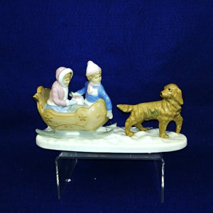 Meico Inc Figurine Collectible Porcelain Dog Pulling Sled with Children Vintage