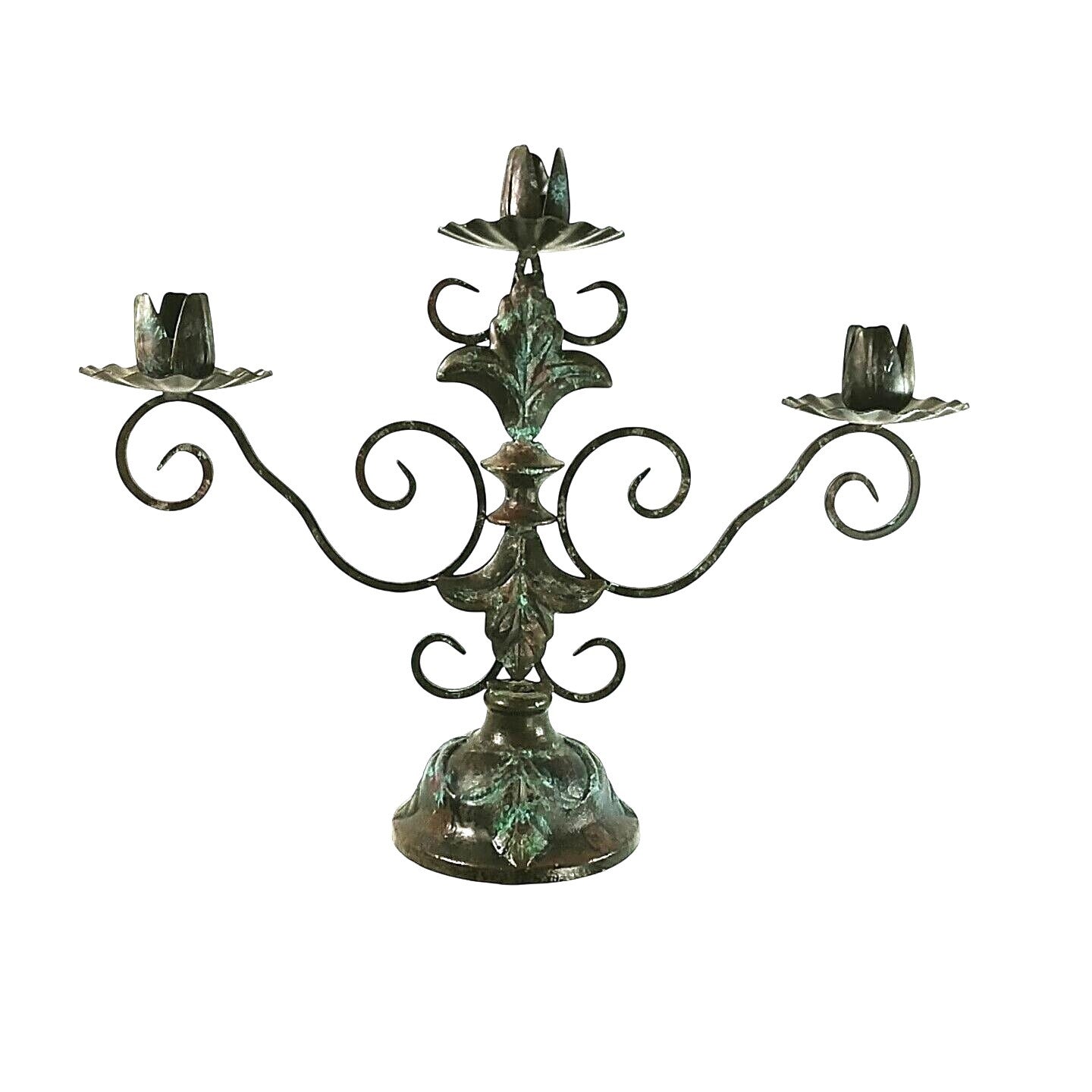 Decorative Metal Candelabra With Patina Finish 3 Arm Taper Candle Holder 17.5" Tall