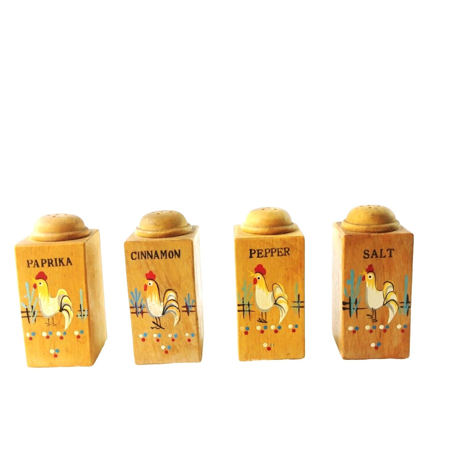 Vintage Wooden Spice Jar Set With Hand Painted Rooster Design & Screw Lids 4 pcs