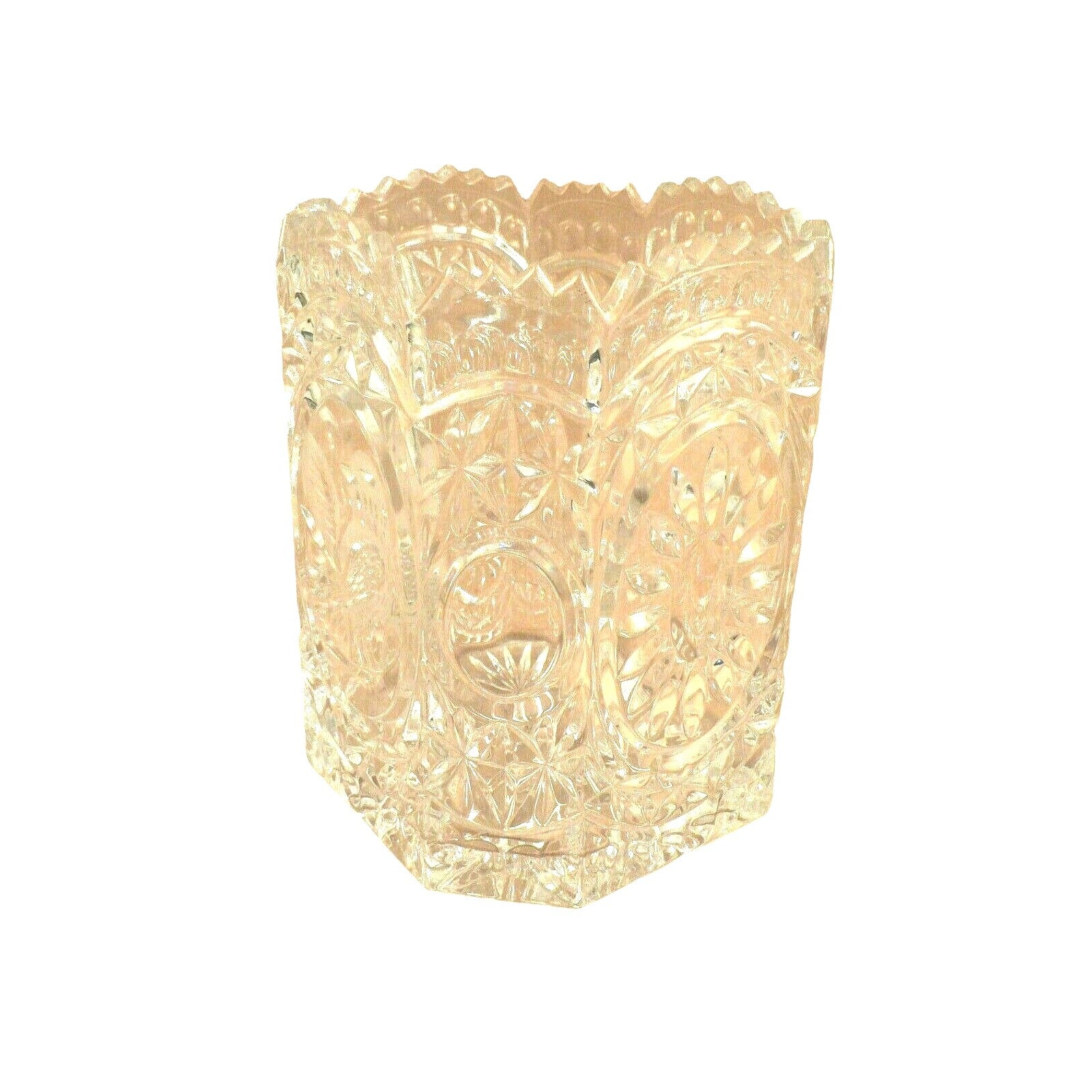 Vase Ornate 8 Panel Glass Embossed Bird Design Saw Tooth Rim