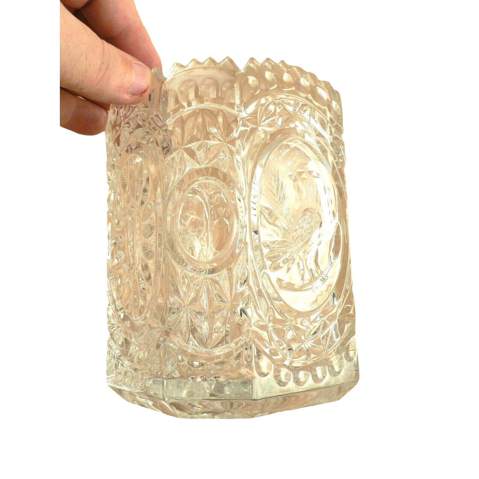 Vase Ornate 8 Panel Glass Embossed Bird Design Saw Tooth Rim