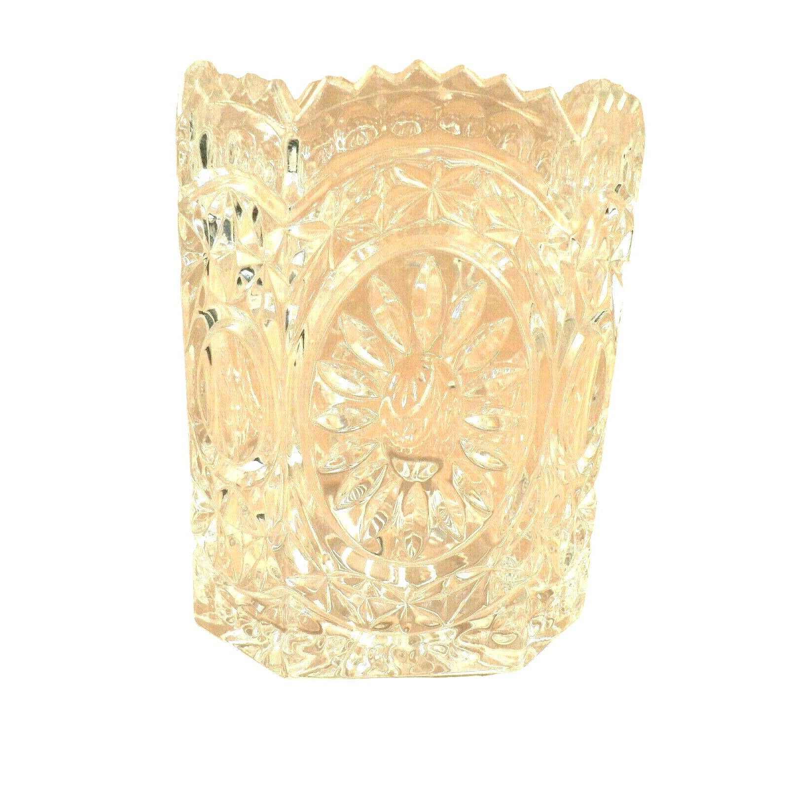 Vase Ornate 8 Panel Glass Embossed Bird Design Saw Tooth Rim