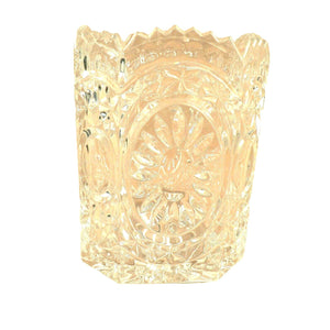 Vase Ornate 8 Panel Glass Embossed Bird Design Saw Tooth Rim