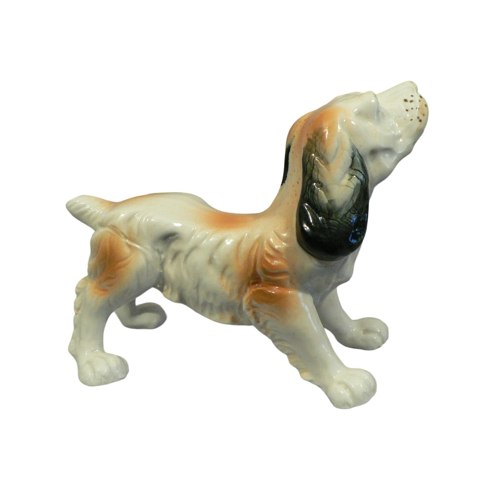 Dog Figurine Hand Painted Bone China Hallmark Stamped White Brown Vintage 4" H