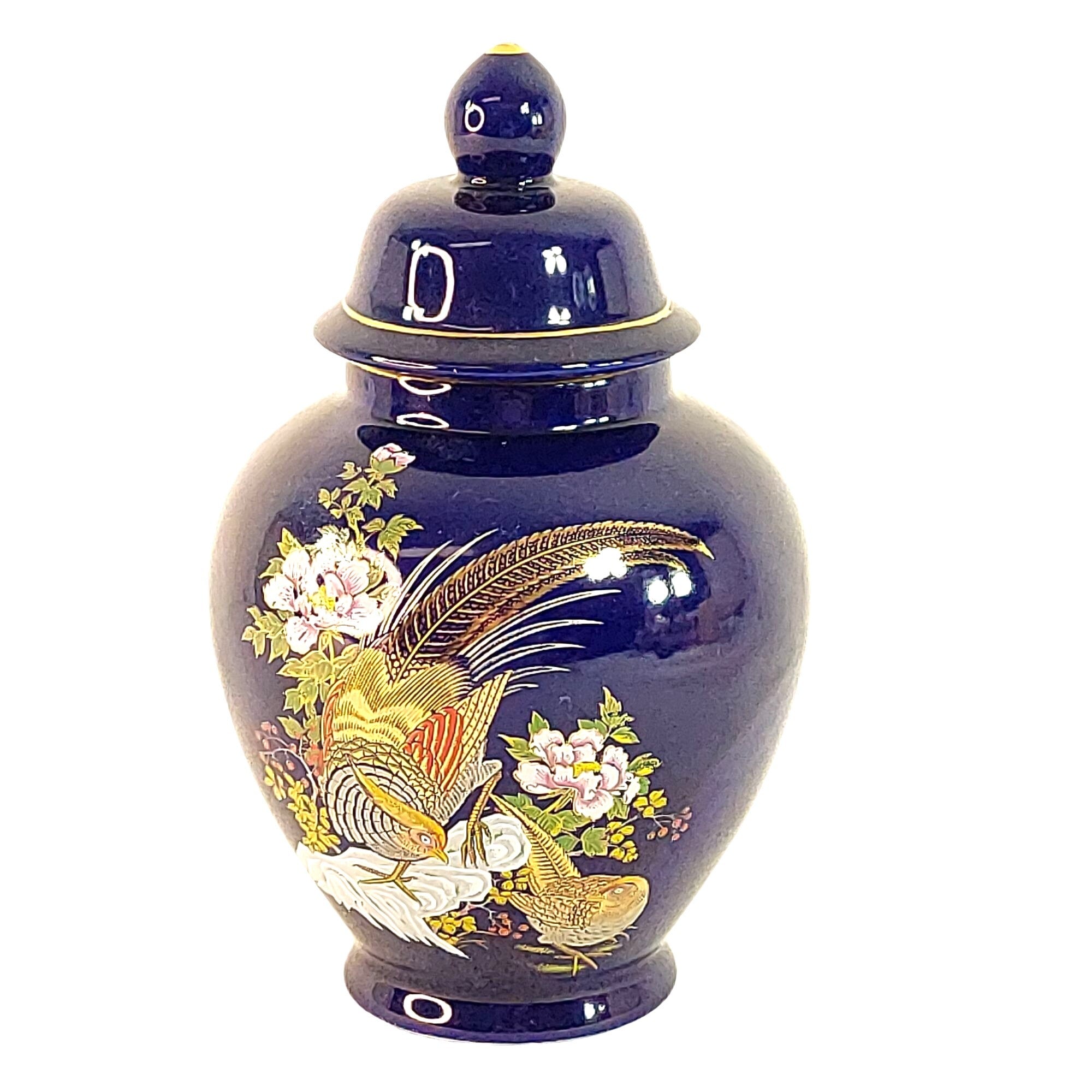 Jar Lidded Ginger Jar Asian-Inspired Pheasant Florals Vintage Home Decor 8.5"