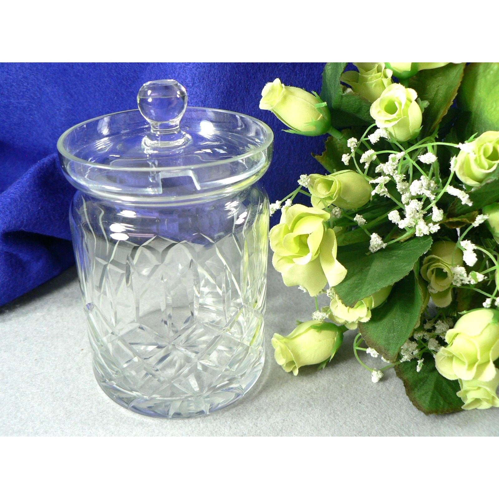 Glass Jam Honey Jar w Lid Geometric Cuts Vintage Kitchenware 5"