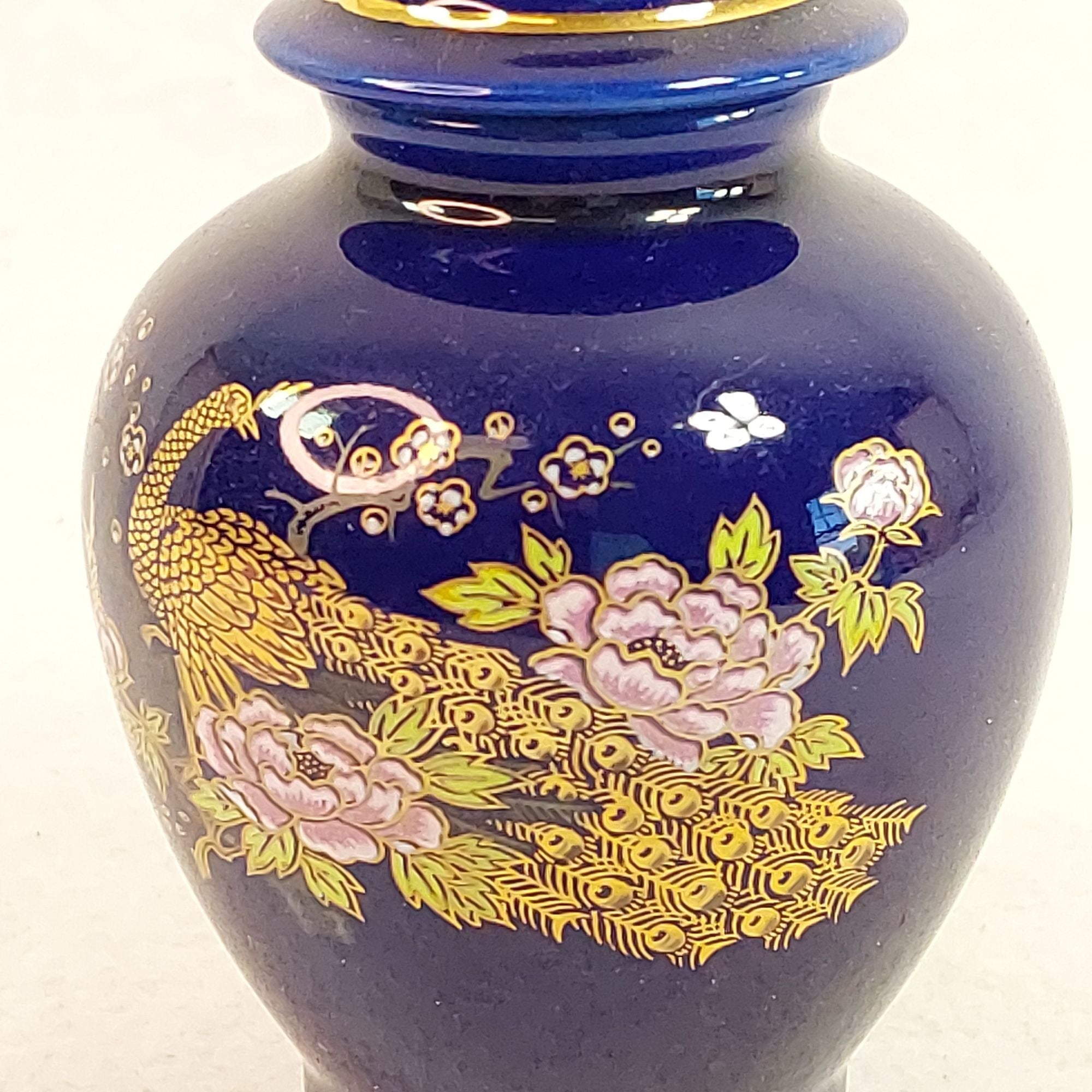 Ginger Jar Mini Cobalt Blue Peacock Peonies Japan Chopmark Vintage 4.5"