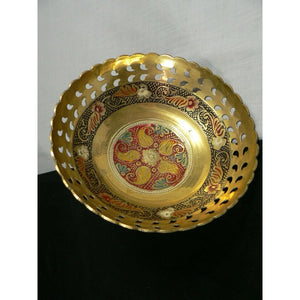 Brass Dish Bowl Floral Cut Through Reticulated Laced border Hand Tooled