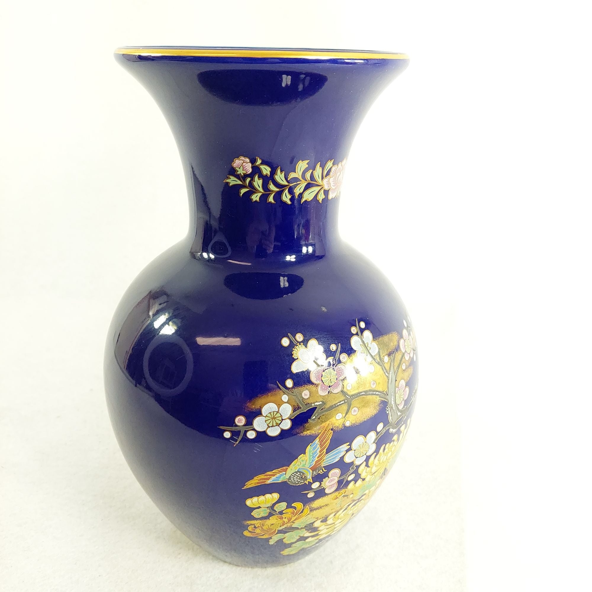 Vase Cobalt Blue Porcelain Oriental Japanese Hand Painted Vintage 10.5"