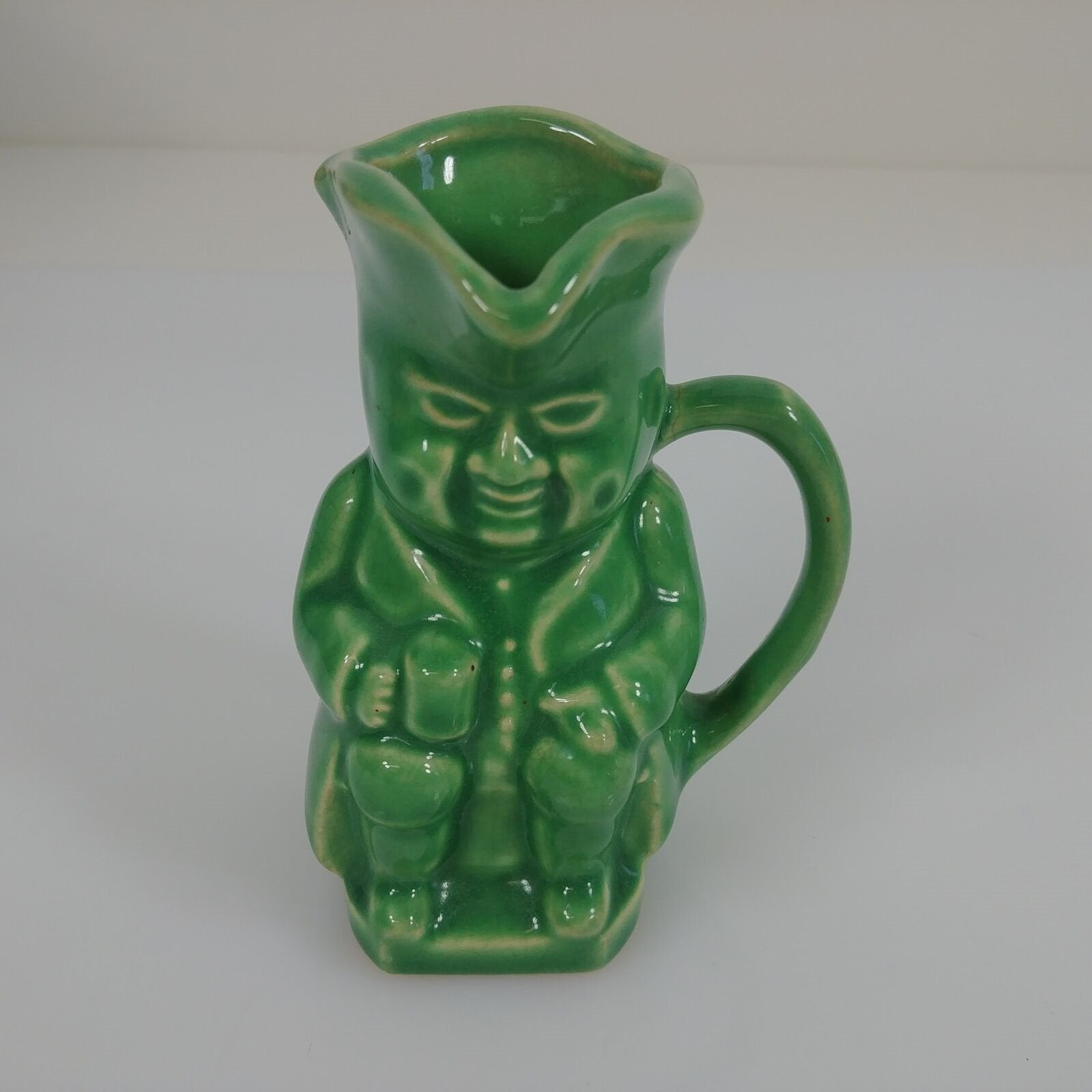 Colonial Man Creamer Pitcher Green With Handle Approx 4" Tall