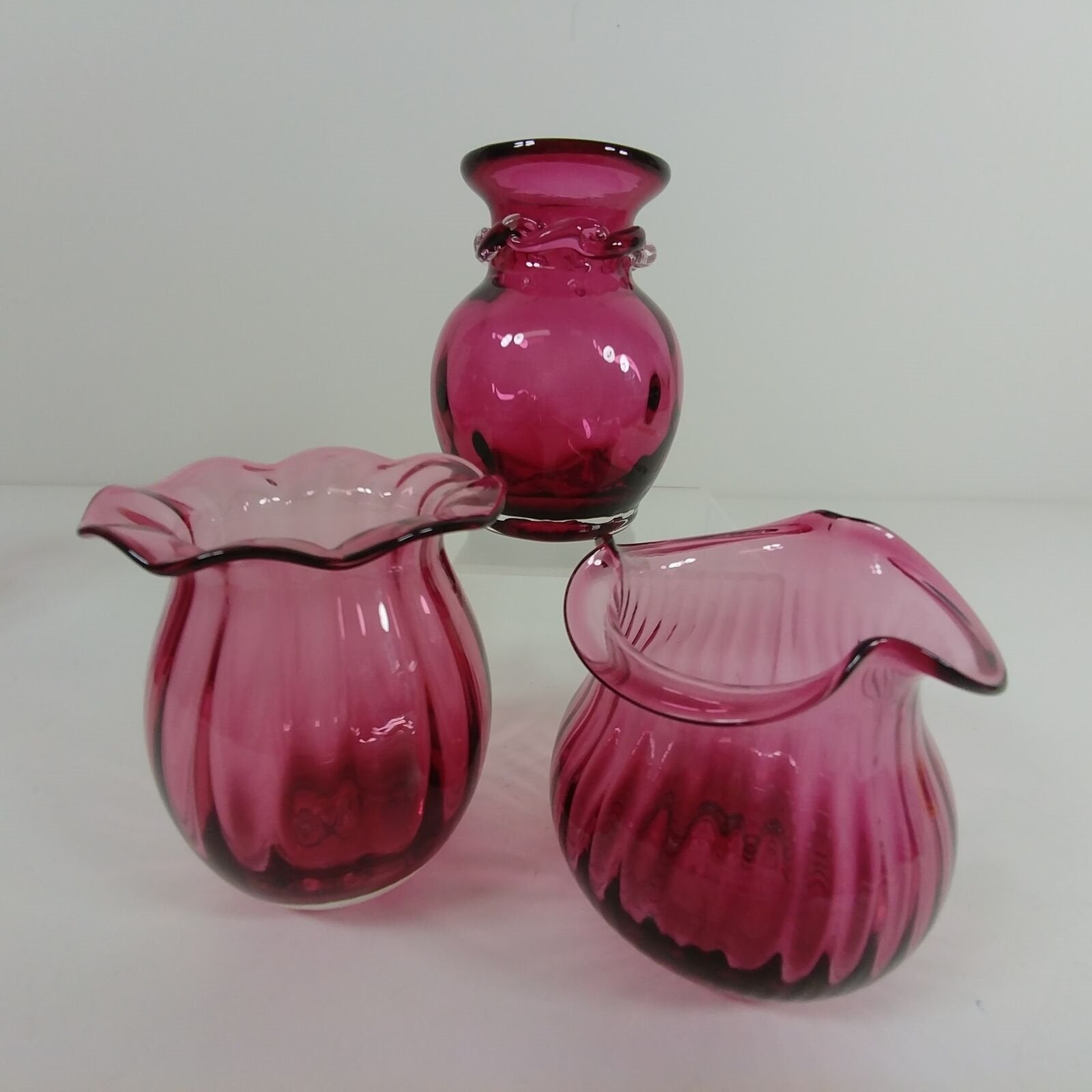 Cranberry Glass Vases 3 pc Lot Hand Blown with Pontil Marks 1 Stamped Pilgram