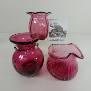 Cranberry Glass Vases 3 pc Lot Hand Blown with Pontil Marks 1 Stamped Pilgram
